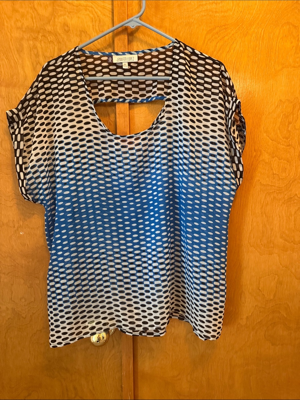 Jennifer Lopez Blue, White and Black Short Sleeve Scoop Neck Blouse